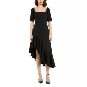 NEW Mac Duggal Black Crepe 3/4 Sleeve Asymmetrical Hem Ruffle Midi Dress P3492